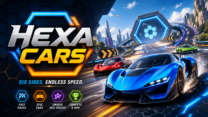 Hexa Cars multiplayer action game with colorful cartoon cars speeding across a grid of breaking hexagonal tiles, trying to outlast opponents as the floor collapses beneath them