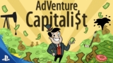 Adventure Capitalist idle clicker gameplay featuring a cartoon businessman tuxedo character overseeing a colorful dashboard of automated businesses, from lemonade stands to oil companies, with rapidly increasing green dollar figures and progress bars filling up