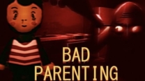 Bad Parenting 1: Mr Red Face psychological horror game with a grainy, vintage VHS aesthetic, featuring a terrified child in a dark, unsettling suburban home trying to hide from a towering, creepy folklore entity with a giant, distorted red face