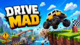 Drive Mad 3D physics stunt driving game with a blocky yellow monster truck trying to balance and cross a treacherous obstacle course of bridges and ramps without flipping over