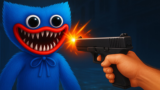 Huggy Wuggy Sniper first person shooter game aiming down sights at creepy blue monster targets in an abandoned toy factory