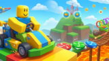 Noob Obby Hill character jumping across colorful parkour platforms and climbing steep obstacle paths in a block-style adventure world.
