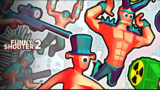 Funny Shooter 2 FPS game screenshot showing first-person perspective holding a goofy weapon against bizarre cartoon enemies
