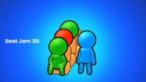 Seat Jam 3D puzzle game board with colorful stickman passengers trying to navigate crowded rows of seats in a crowded bus or airplane cabin