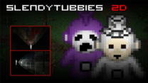 Slendytubbies 2D top down horror game screen with creepy teletubby monster chasing player in dark pixelated forest environment