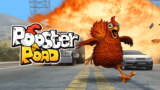 A colorful casino crash game screen showing a stylized rooster navigating across a grid of hazardous road lanes with multiplier values, featuring a prominent betting dashboard and cashout button at the bottom