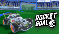 Rocket Goal.io gameplay screenshot with colorful rocket-powered soccer cars competing in a futuristic arena, fast-paced multiplayer action, neon stadium visuals, and arcade-style controls