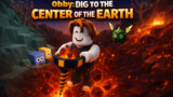 Obby: Dig to the Center of the Earth showing a character descending into a glowing subterranean pit