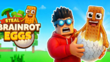 Steal Brainrot Eggs gameplay featuring rare egg collection, Brainrot characters, coin rewards, upgrades, progression systems, and collection-building mechanics.