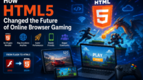 Illustration of HTML5 game development technology replacing legacy web plugins for browser games.