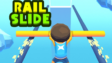 A character sliding along a bright metallic rail track against a futuristic background