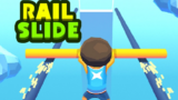 A character sliding along a bright metallic rail track against a futuristic background
