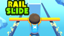 A character sliding along a bright metallic rail track against a futuristic background