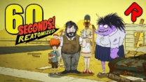 A family sitting inside a dimly lit nuclear fallout shelter surrounded by canned food in 60 Seconds! Reatomized