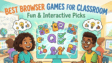 Best browser games for classroom illustration with students playing on laptops.