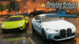 A car navigating city traffic and stoplights in Driving School Simulator