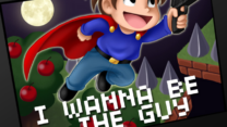 The Kid standing on a pixelated platform surrounded by spikes and falling apples in I Wanna Be The Guy