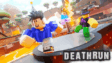 An avatar character jumping over spinning laser traps in Obby: Death Run