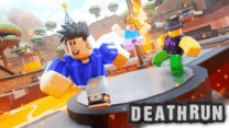 An avatar character jumping over spinning laser traps in Obby: Death Run