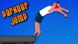 A parkour jumper leaping off a high skyscraper ledge into a backflip in Parkour Jump