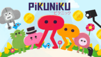 The red stretchy character Piku standing in a colorful minimalist village in Pikuniku