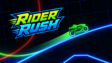 A glowing neon bike launching off a high stunt ramp in Rider Rush