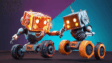 A heavily armored battle mech firing laser cannons in Robot Battle in the Arena