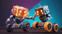 A heavily armored battle mech firing laser cannons in Robot Battle in the Arena