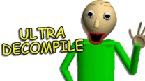 Baldi holding a ruler in a bright yellow school corridor in Baldi's Basics: The Ultra Decompile