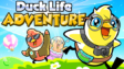 A customized duck wearing a crown standing in a vibrant open-world town in Duck Life 8