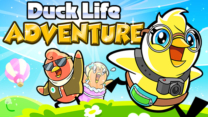 A customized duck wearing a crown standing in a vibrant open-world town in Duck Life 8