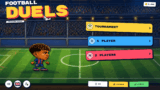 Two big-head soccer players competing for the ball under stadium floodlights in Football Duels: Champions League