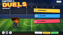 Two big-head soccer players competing for the ball under stadium floodlights in Football Duels: Champions League