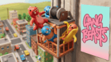 Colorful jelly ragdoll brawlers grappling on top of a moving truck hazard map in Gang Beasts