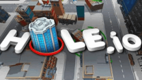A large black hole consuming a city street and vehicles in Hole.io