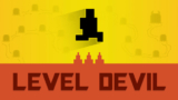 A small pixel character approaching an exit door near hidden floor spikes in Level Devil