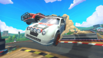 A rally car drifting around a dirt corner next to rival racers in Mad Skills Rallycross