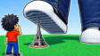 A giant growing obby character stepping across high platform ledges in Obby: Click and Grow
