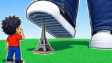 A giant growing obby character stepping across high platform ledges in Obby: Click and Grow