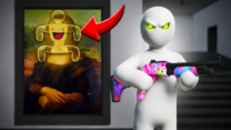 A colorful paint gun blasting a disguised chair prop in Paint & Seek Online