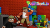 A painter character shooting colorful trails across a 3D arena map in PaintSeek.io