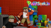 A painter character shooting colorful trails across a 3D arena map in PaintSeek.io