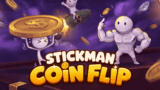 A stickman character flipping a glowing gold coin over a multiplier target in Stickman Coin Flip