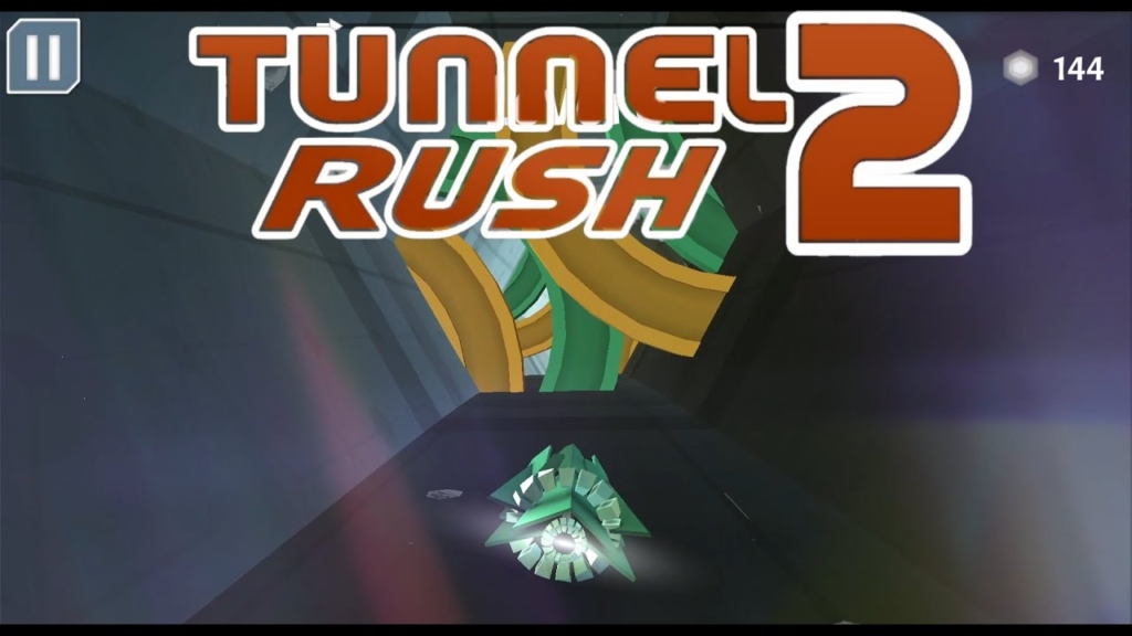 A sleek vehicle racing through a glowing neon 3D tunnel in Tunnel Rush 2
