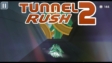 A sleek vehicle racing through a glowing neon 3D tunnel in Tunnel Rush 2