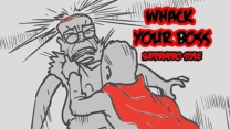 An office worker transforming into a superhero next to an annoying boss in Whack Your Boss Superhero