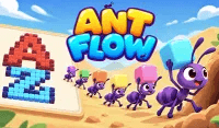 Streams of worker ants following drawn tunnel paths toward food in Ant Flow