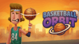 A basketball soaring through cosmic space towards a planetary basket hoop in Basketball Orbit