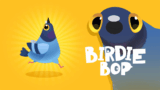 A colorful cartoon bird flapping through narrow pipe gaps in a bright blue sky in Birdie Bop