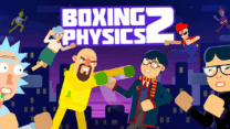 Two bouncy ragdoll boxers clashing gloves inside a colorful ring in Boxing Physics 2
